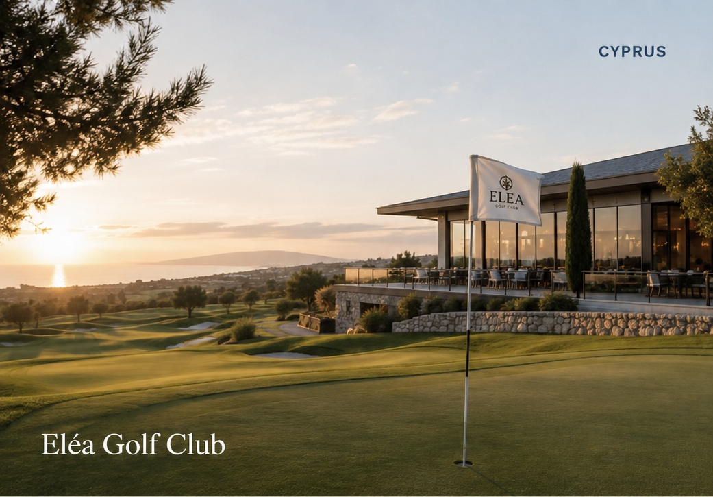 Eléa Golf Club course and clubhouse at sunset
